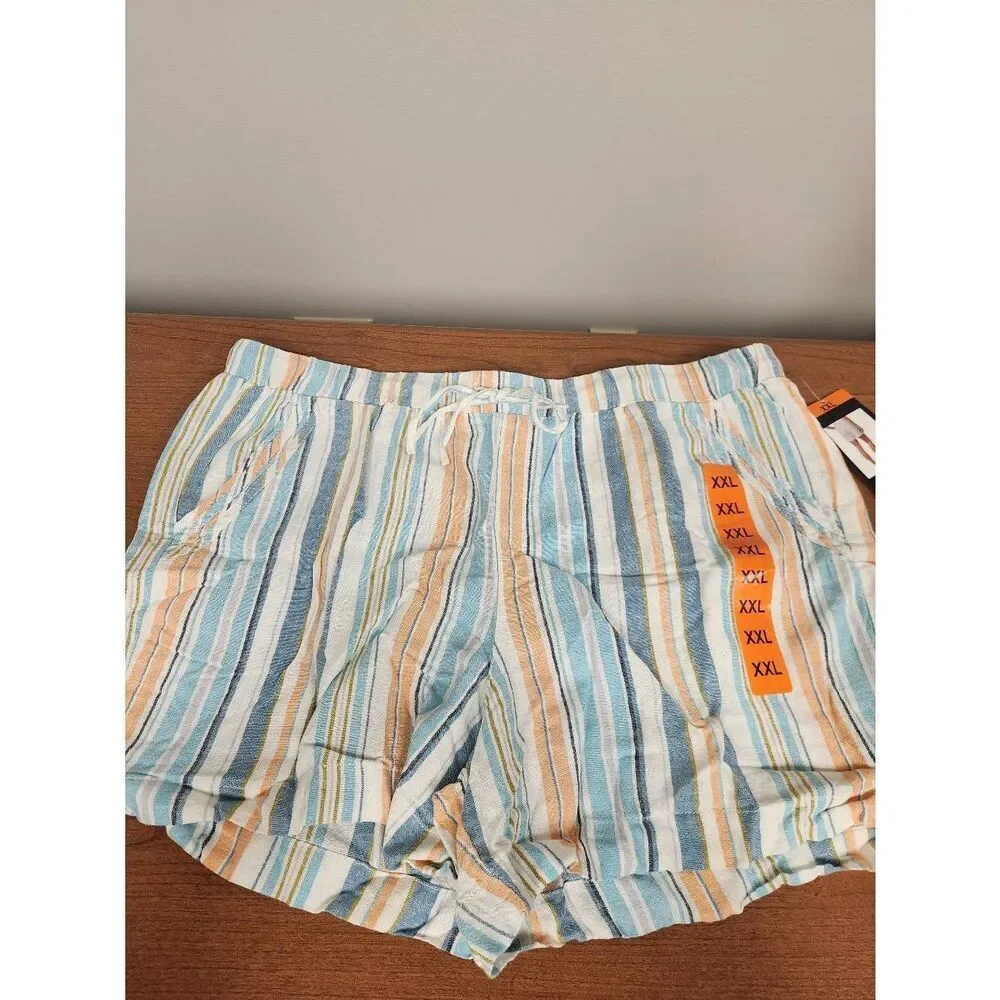 NWT Briggs Women's XXL Multicolor Striped Linen Blend Drawstring Shorts
